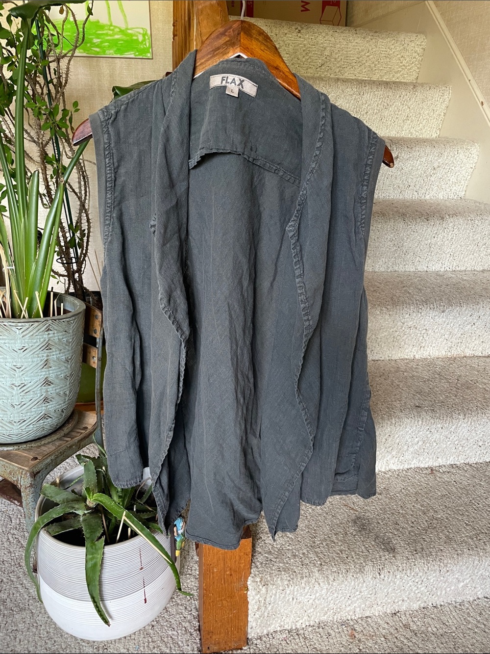 Flax Sleeveless Linen Open Front Drapey Vest in Charcoal